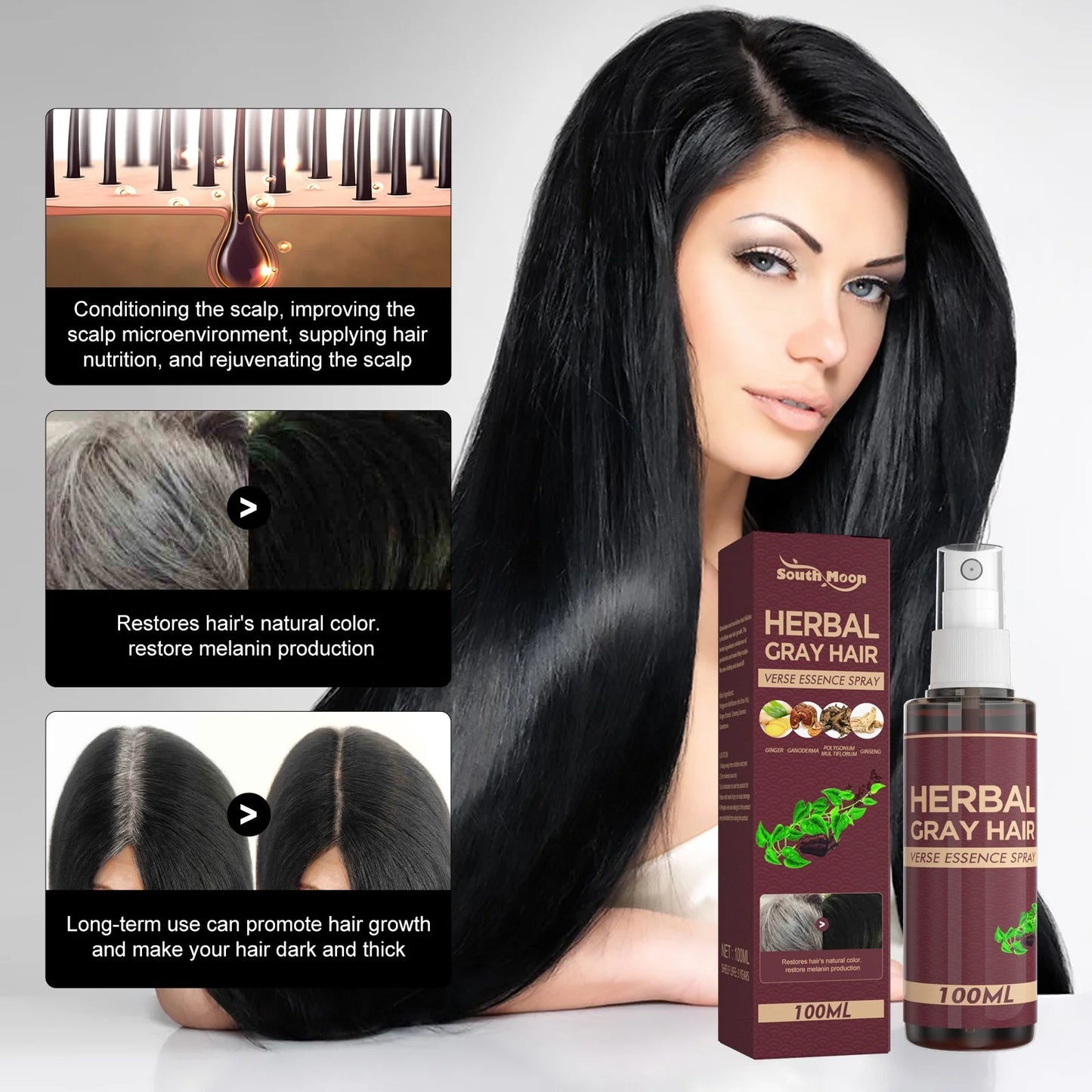 100ml Anti White Hair Spray Herbal Reduce Gray Hair, Repair Hair Scalp Care Nourish White Hair Back To Black Hair Growth