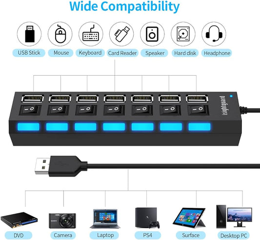 7 port USB HUB 2.0 Splitter Extender  Multiport Hab PC Accessories with Power Adapter for Computer