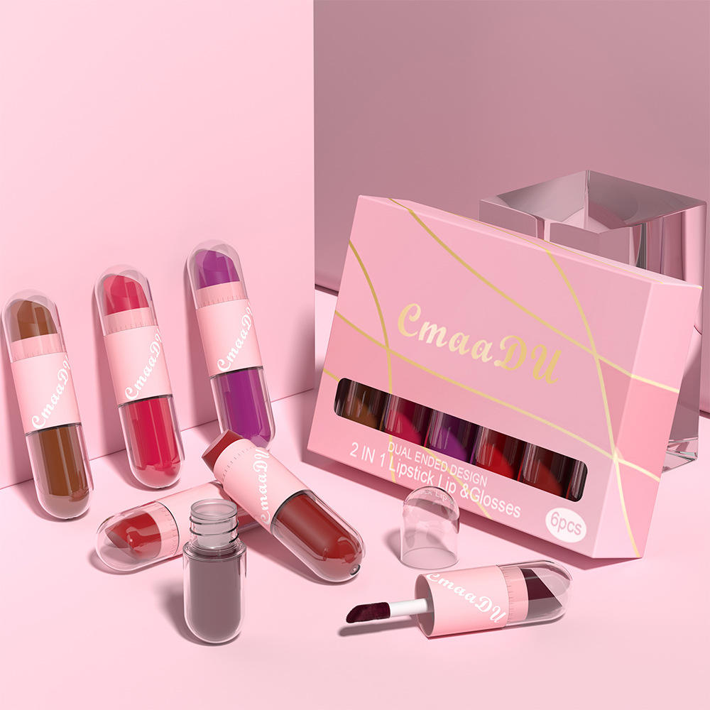 6pc/Box 2 in 1 Longlasting, non stick cup, velvet smooth matte lipstick set