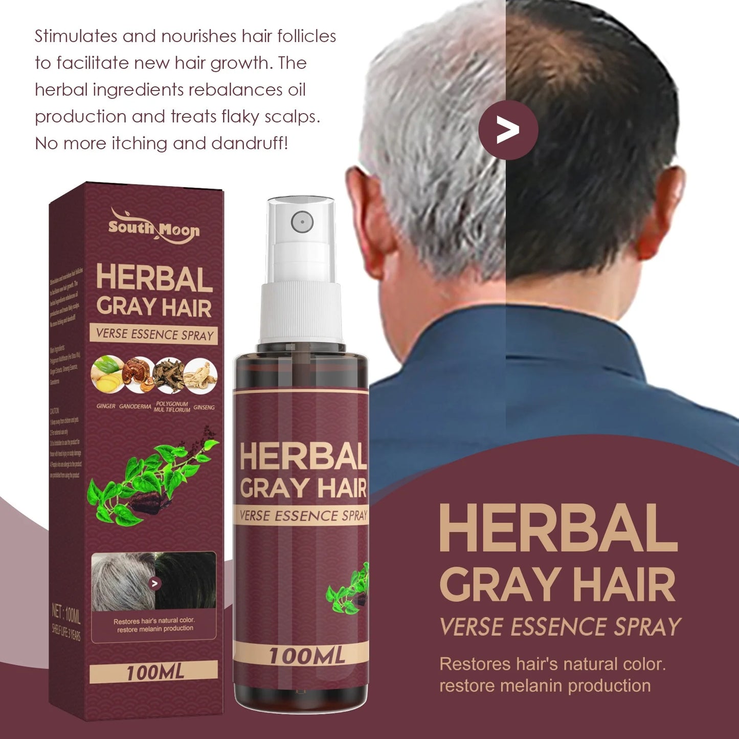 100ml Anti White Hair Spray Herbal Reduce Gray Hair, Repair Hair Scalp Care Nourish White Hair Back To Black Hair Growth
