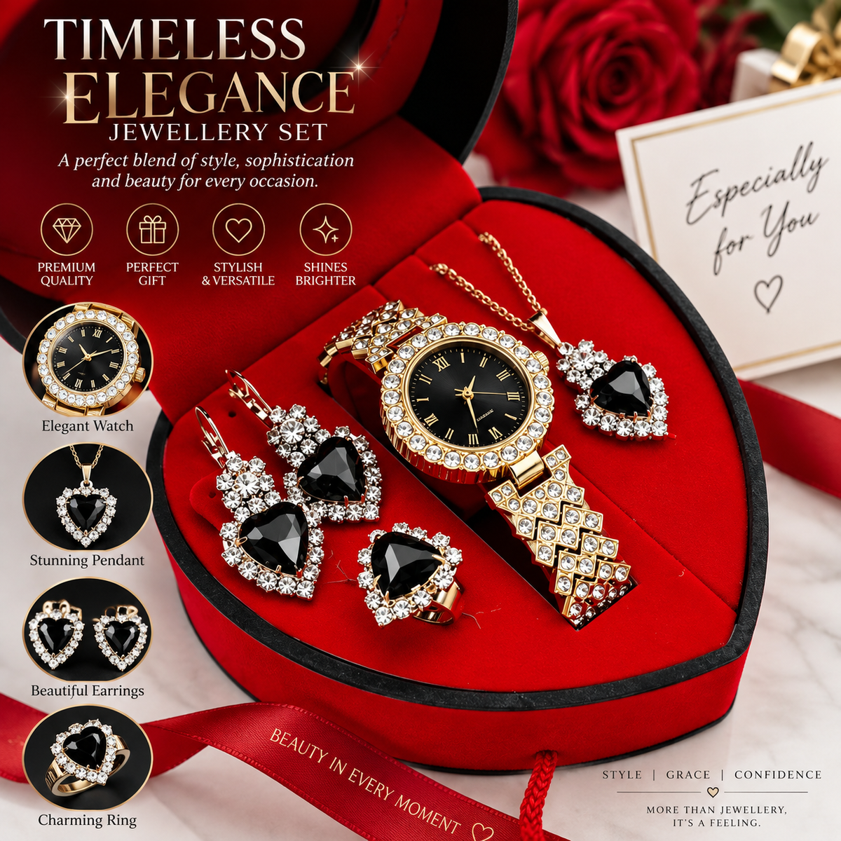 Luxurious Romantic Jewellery Gift Set with, a Watch, Earrings, Pendant Necklace, Ring and a Bracelet