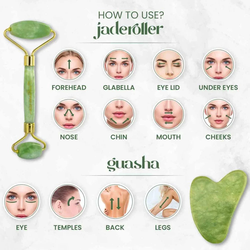 Jade Roller & Gua Sha Set Facial Beauty Tools, Face Roller Skin Massager for Face, Neck and Eye