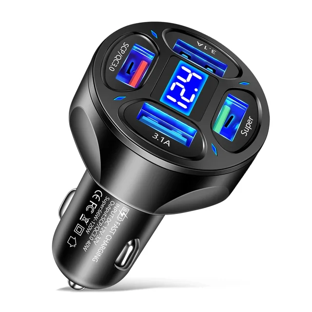 66W Fast Charging Digital Display Car Charger Adapter with 4 USB Ports Fast Charger Quick Charge 3.0 Overcurrent OTG OLP USB Interface Car Charger