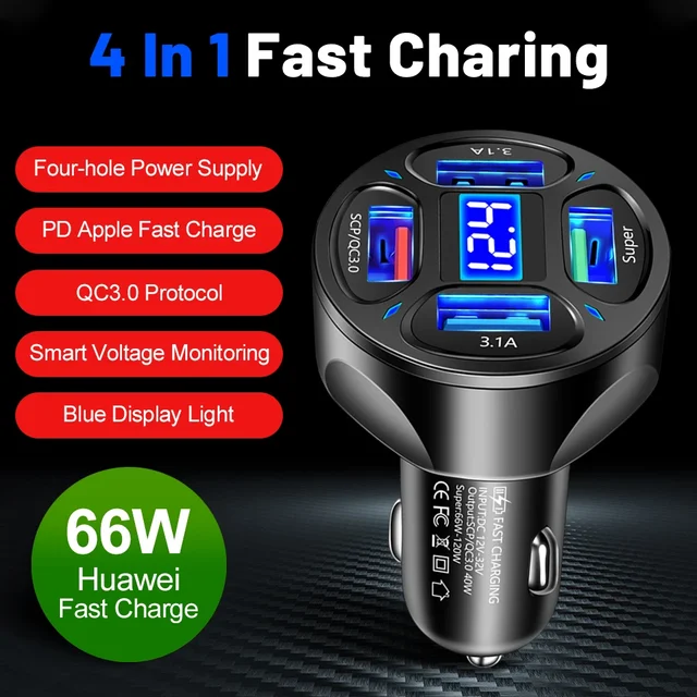 66W Fast Charging Digital Display Car Charger Adapter with 4 USB Ports Fast Charger Quick Charge 3.0 Overcurrent OTG OLP USB Interface Car Charger