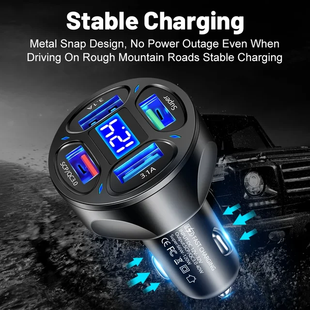 66W Fast Charging Digital Display Car Charger Adapter with 4 USB Ports Fast Charger Quick Charge 3.0 Overcurrent OTG OLP USB Interface Car Charger