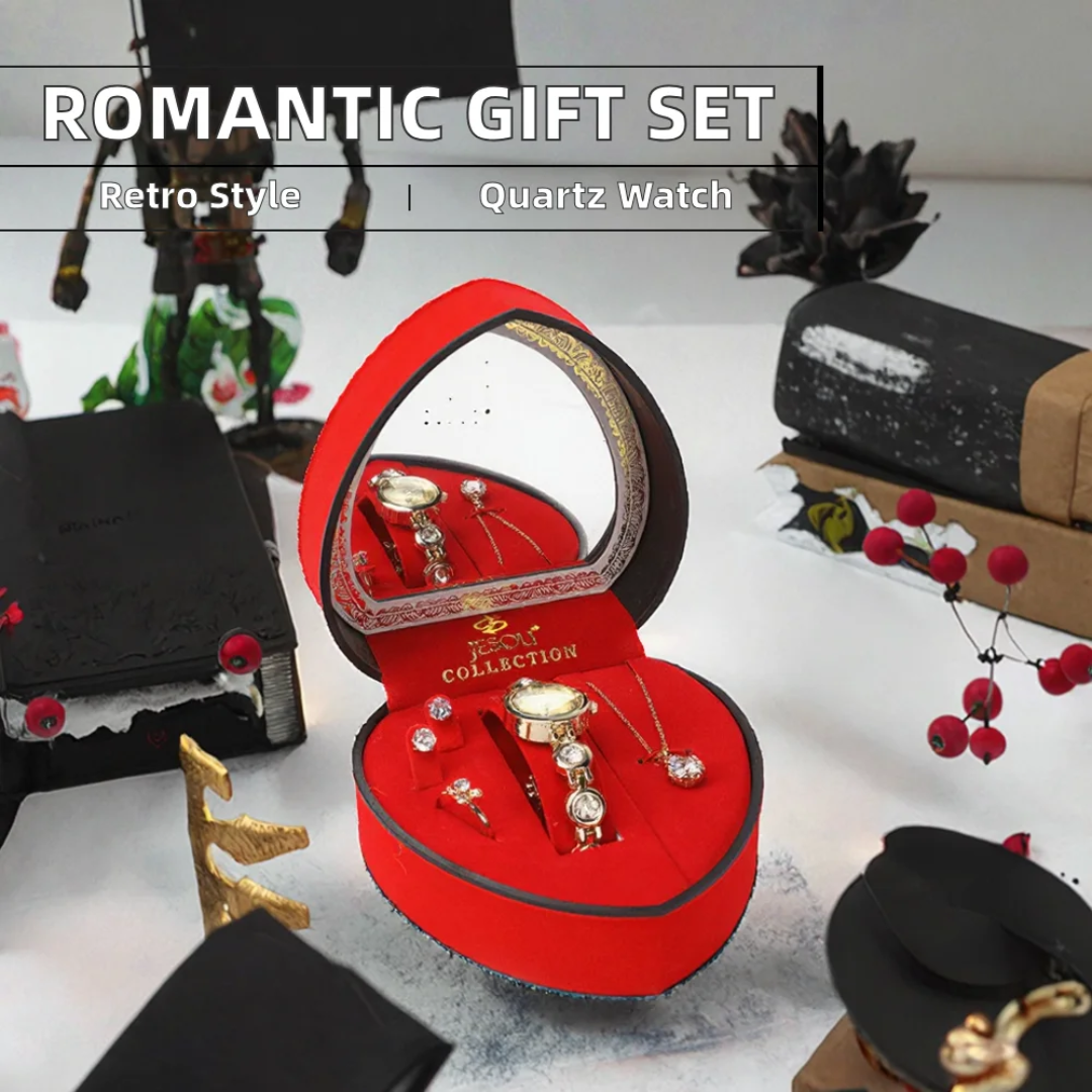 4pcs Jewelry Romantic Gift Set In a Red Heart Shape Box