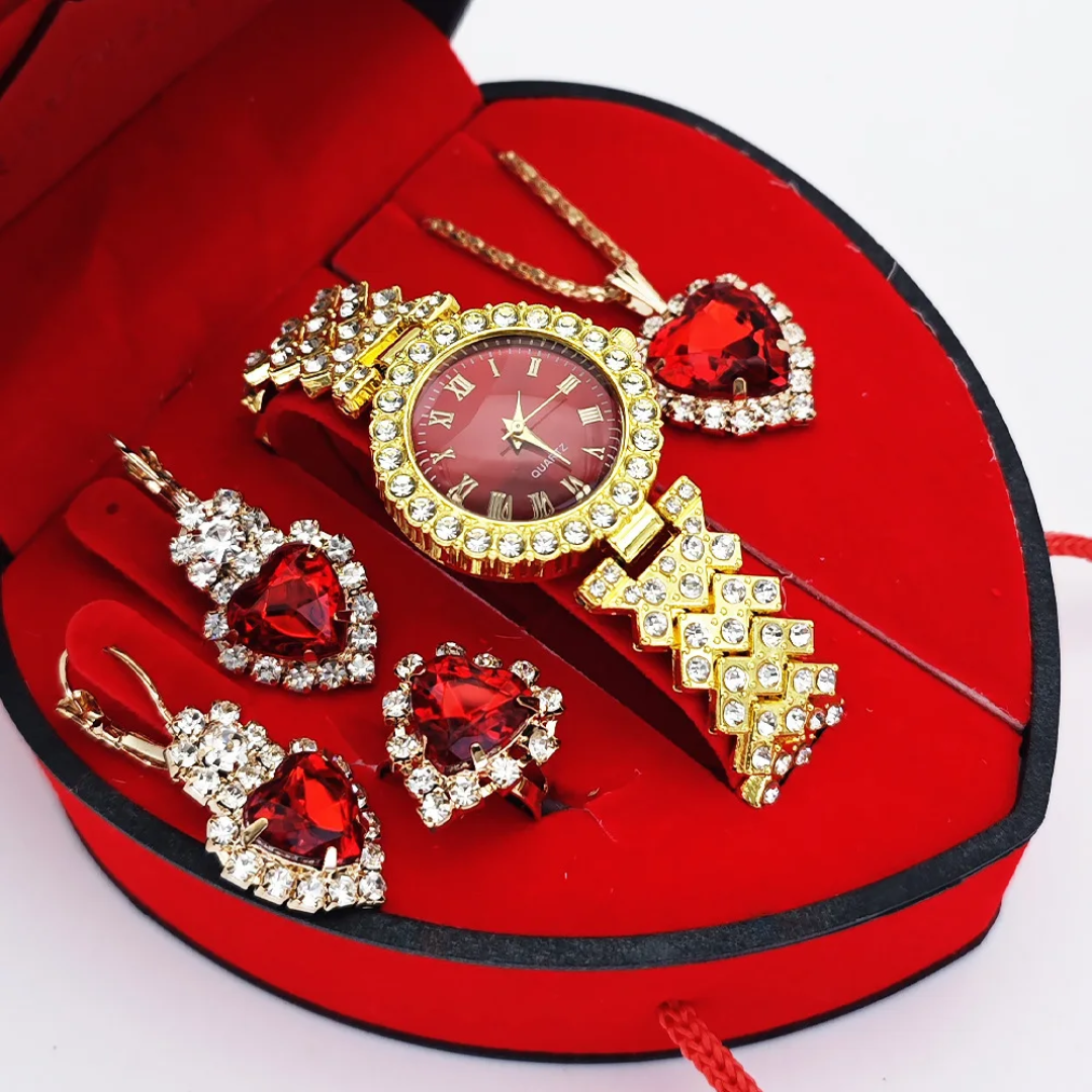 Luxurious Romantic Jewellery Gift Set with, a Watch, Earrings, Pendant Necklace, Ring and a Bracelet