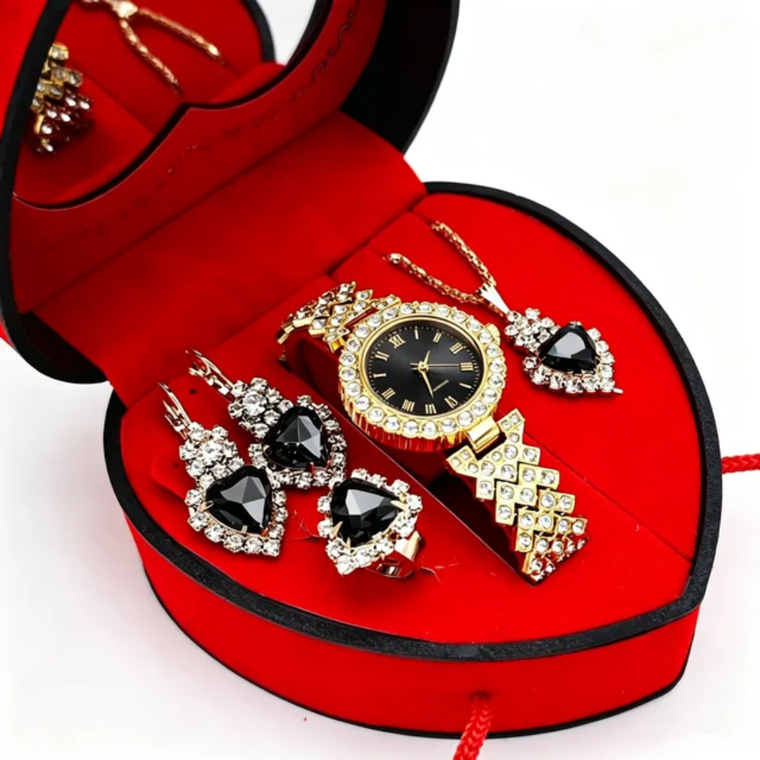 Luxurious Romantic Jewellery Gift Set with, a Watch, Earrings, Pendant Necklace, Ring and a Bracelet