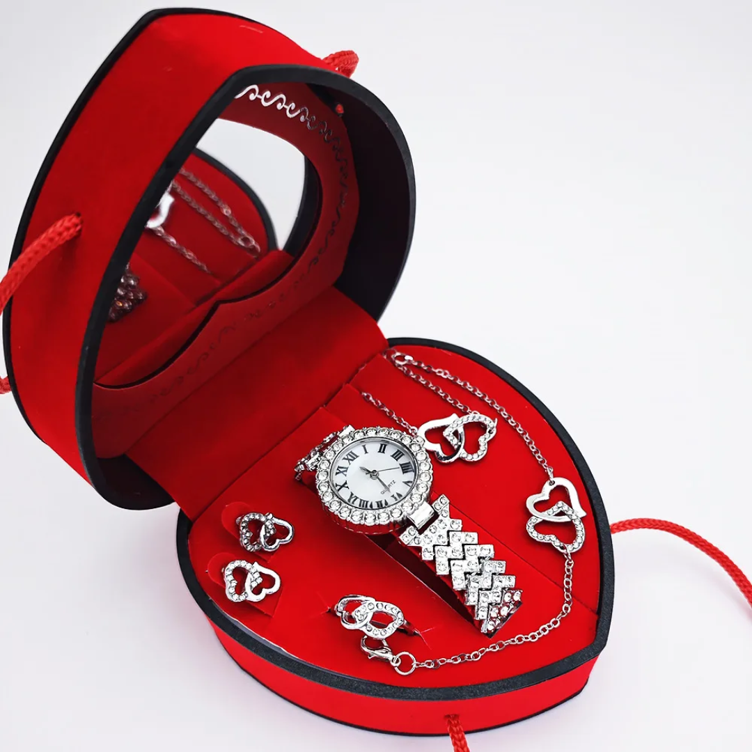 Luxurious Romantic Jewellery Gift Set with, a Watch, Earrings, Pendant Necklace, Ring and a Bracelet