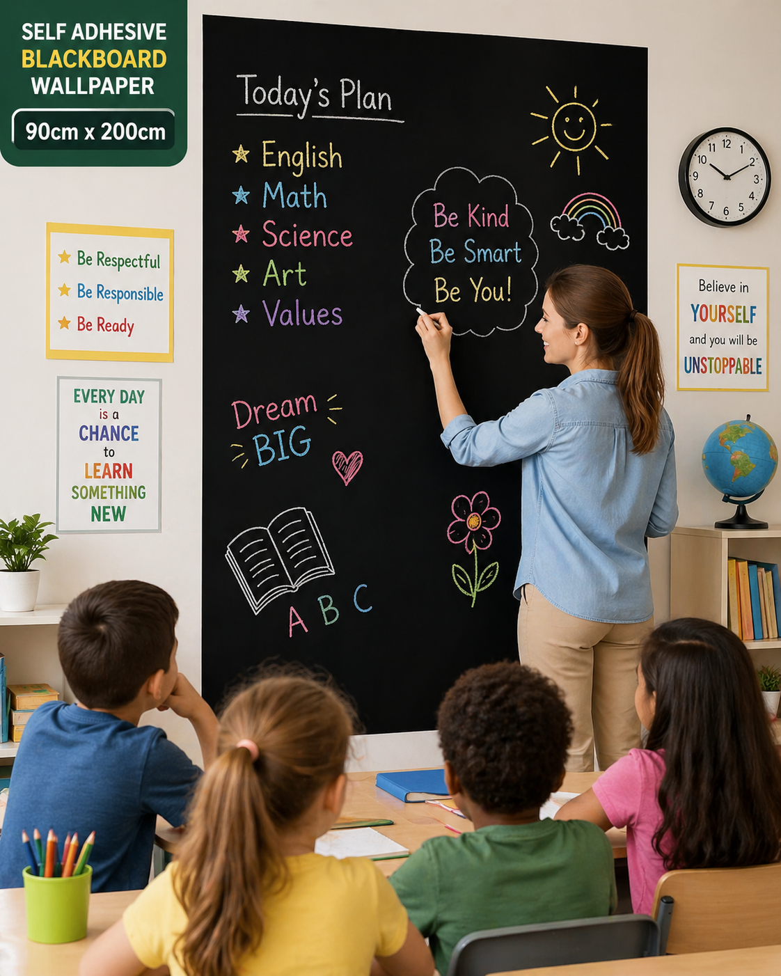 Self Adhesive Wallpaper Blackboard for Kids and Adults 90cm by 200cm with free Chalk