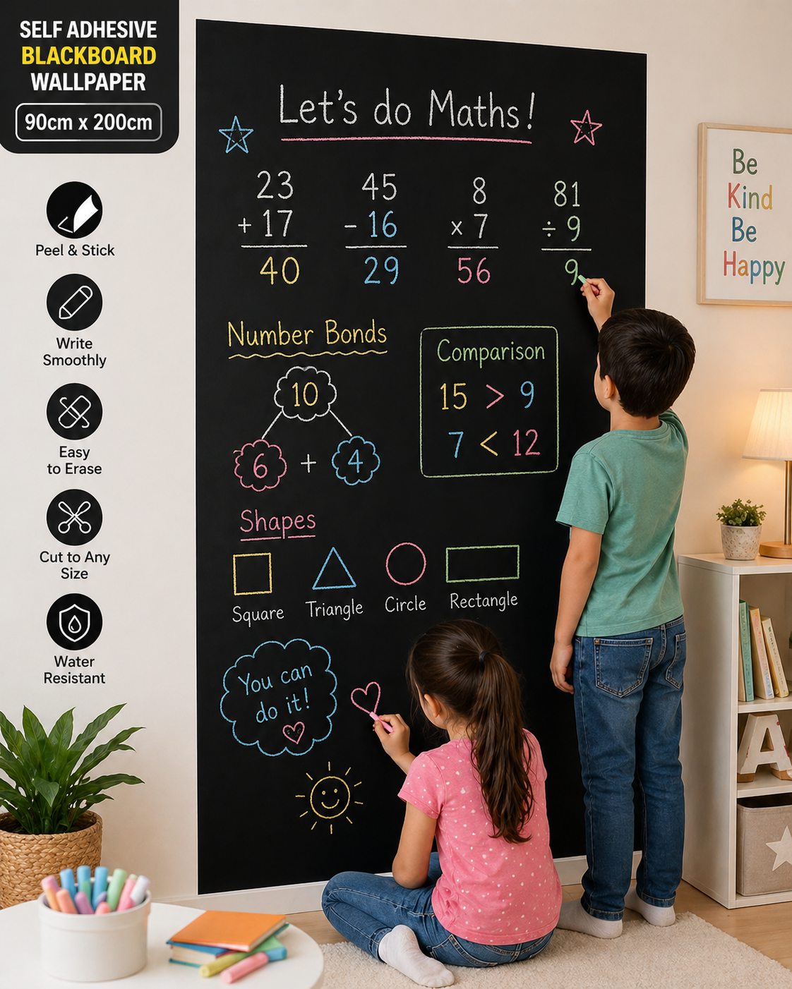 Self Adhesive Wallpaper Blackboard for Kids and Adults 90cm by 200cm with free Chalk