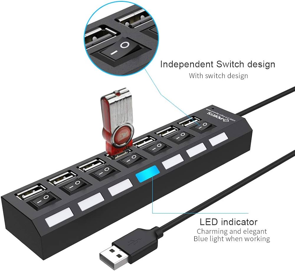 7 port USB HUB 2.0 Splitter Extender  Multiport Hab PC Accessories with Power Adapter for Computer