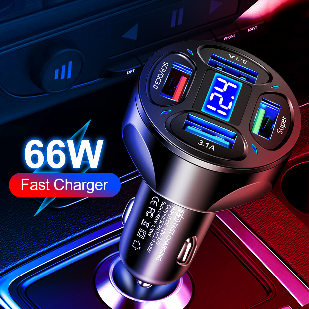 66W Fast Charging Digital Display Car Charger Adapter with 4 USB Ports Fast Charger Quick Charge 3.0 Overcurrent OTG OLP USB Interface Car Charger