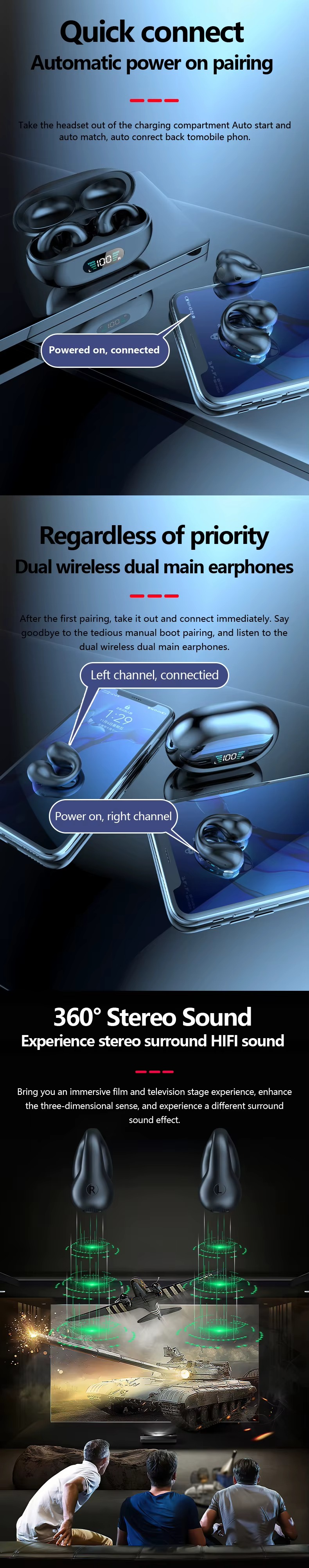 Q80 Ear Clip Wireless Sports Earphones with High Quality Sound