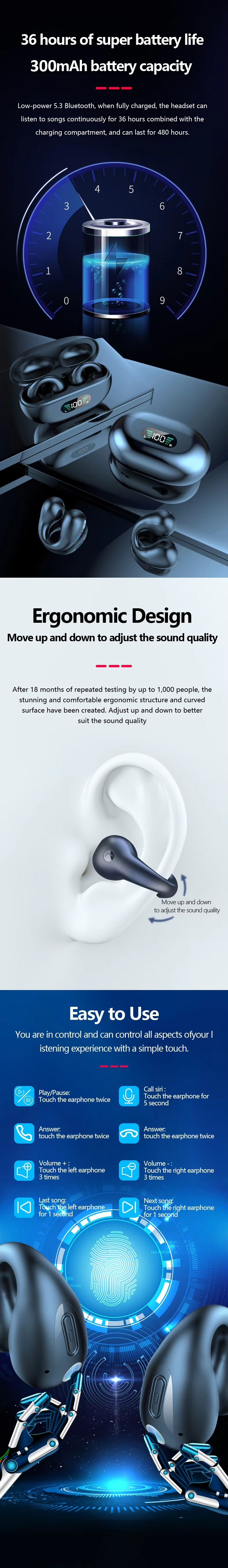 Q80 Ear Clip Wireless Sports Earphones with High Quality Sound