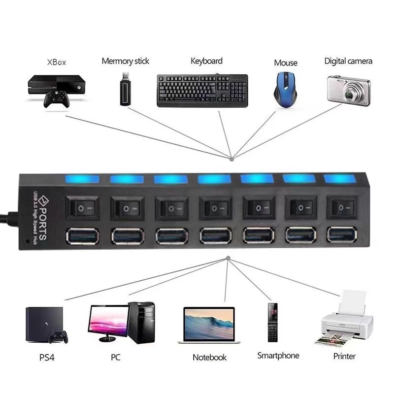 7 port USB HUB 2.0 Splitter Extender  Multiport Hab PC Accessories with Power Adapter for Computer