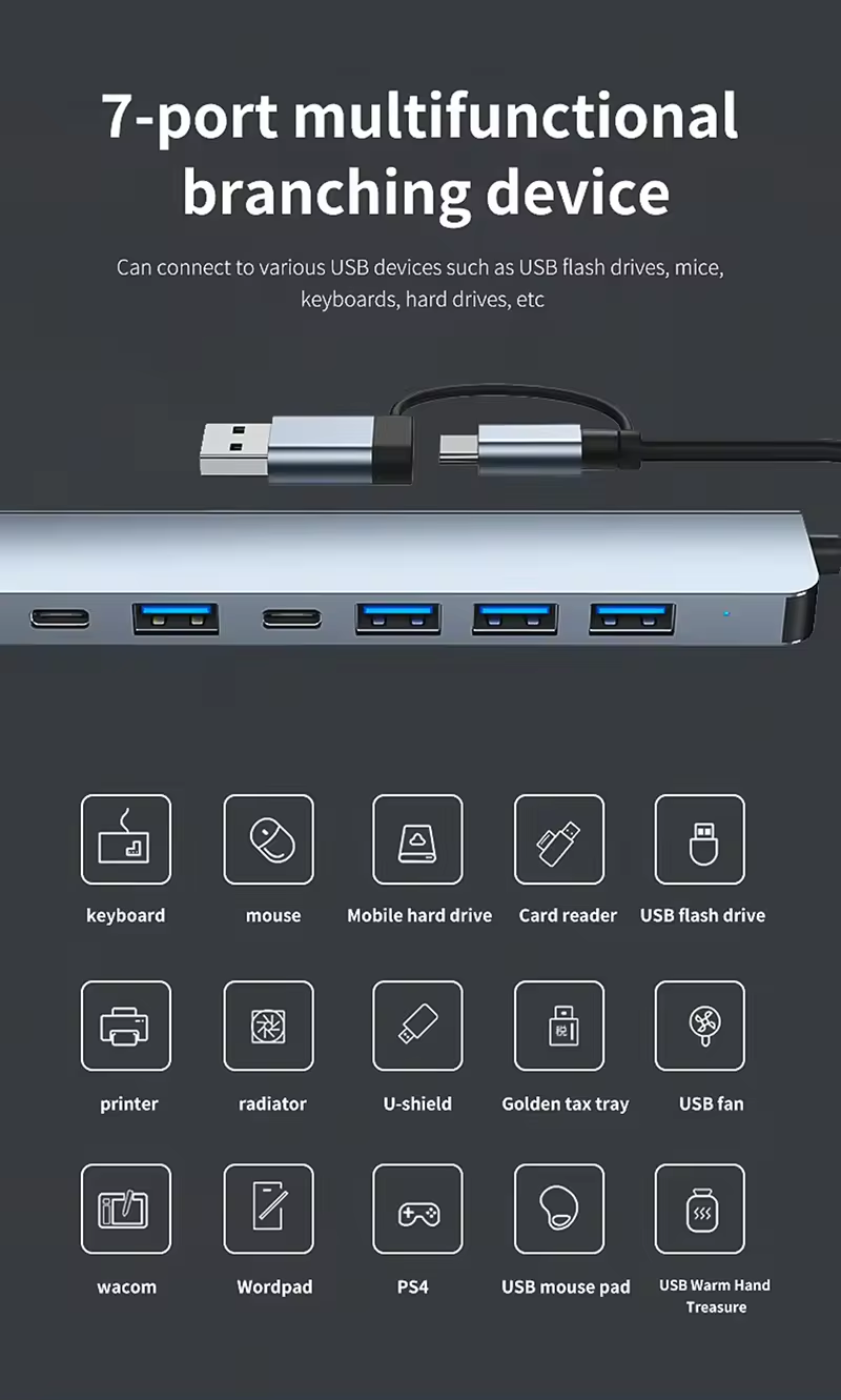 7 in 1 USB Splitter 2 in 1 USB A to Type C Hub 7 Port USB 3.0 with PD Expander USB Hubs For laptop PC Computer