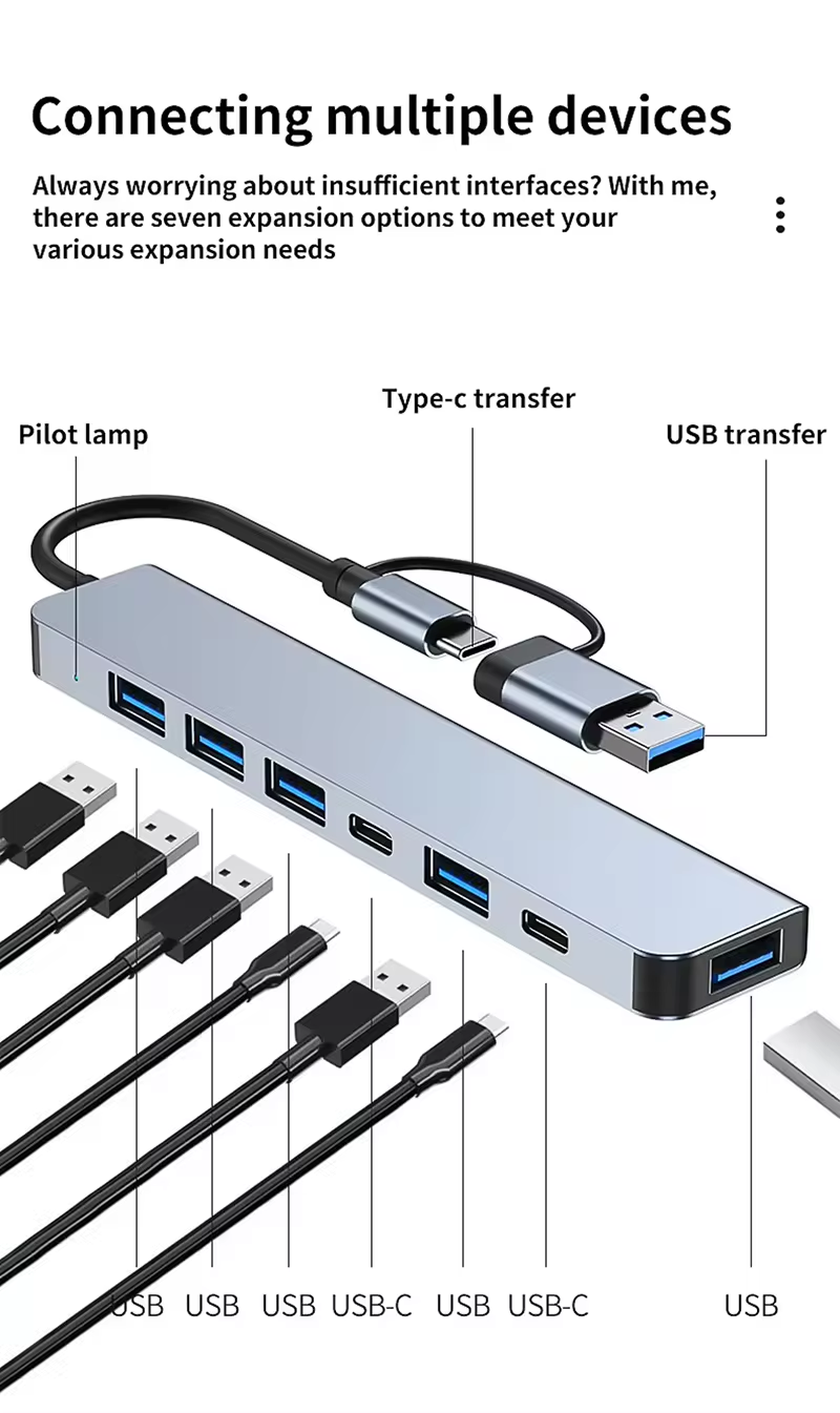 7 in 1 USB Splitter 2 in 1 USB A to Type C Hub 7 Port USB 3.0 with PD Expander USB Hubs For laptop PC Computer