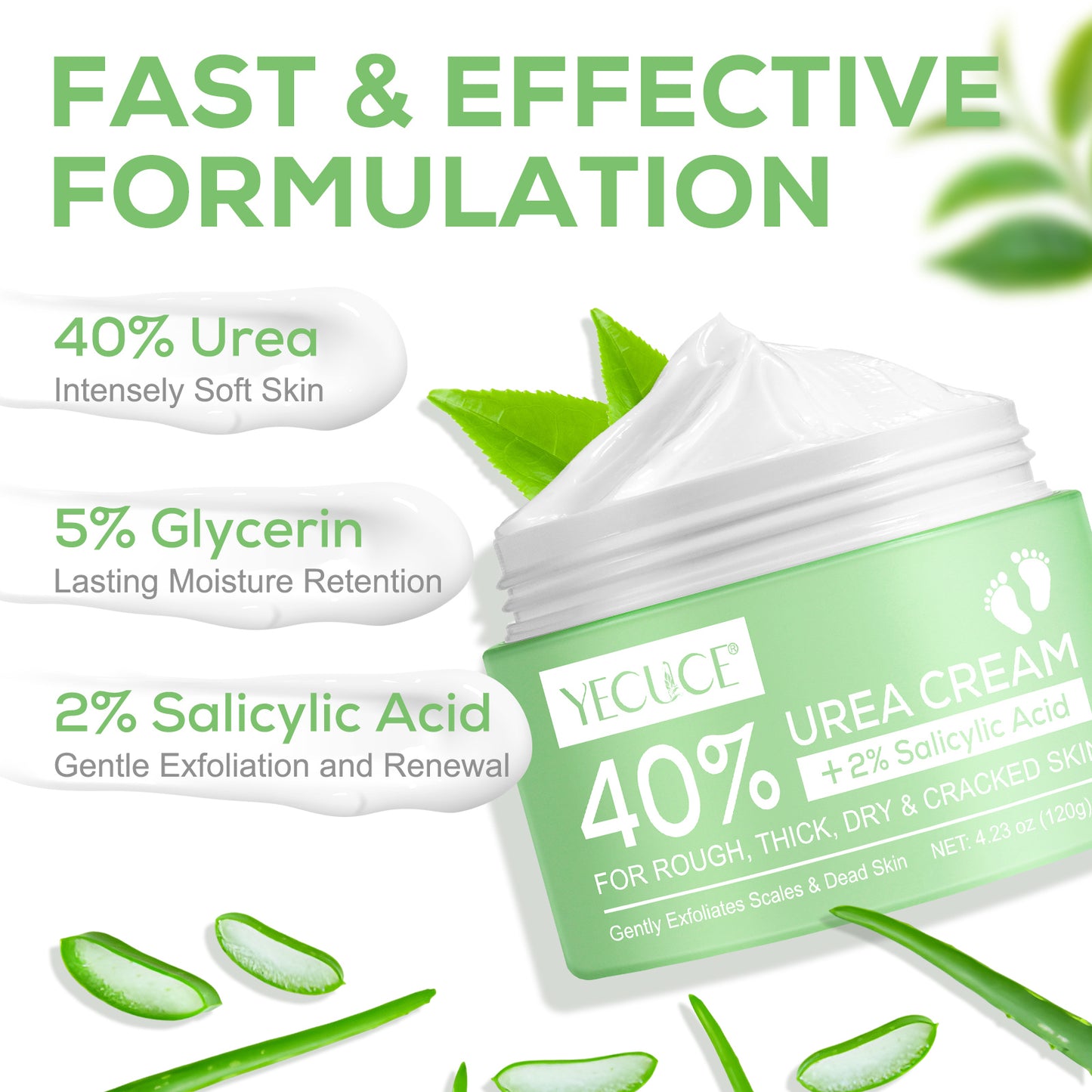 120g YECUCE 40% Urea Foot Cream, Soft Heels cream, Deeply Exfoliating and Moisturizes Rough Dry Cracked Feet and Hands with 40% Urea Cream 2% Salicylic Acid