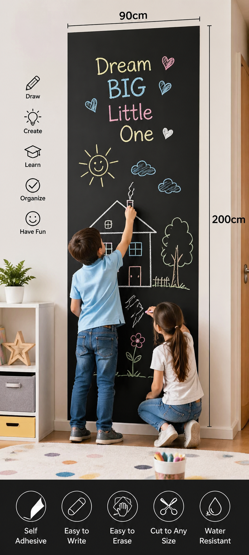 Self Adhesive Wallpaper Blackboard for Kids and Adults 90cm by 200cm with free Chalk