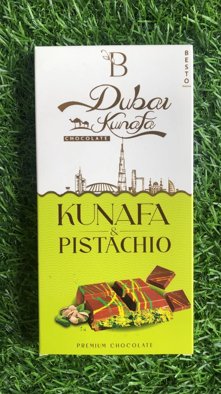 Viral Dubai Kunafa Pistachio Chocolate, Milk Chocolate bar Filled with Pistachio Cream