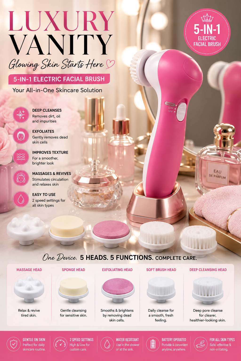 5 in 1 Electric Facial cleansing Brush Set with Massager plus free batteries