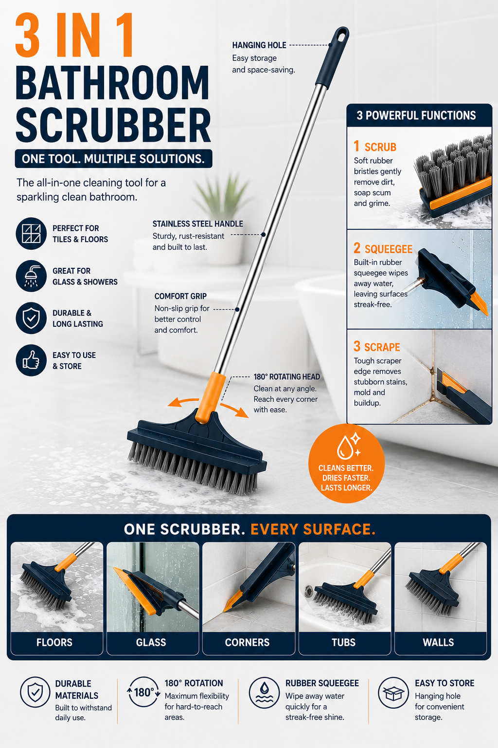 3-in-1 Bathroom Scrubber, Scrub, Scrap and Squeegee