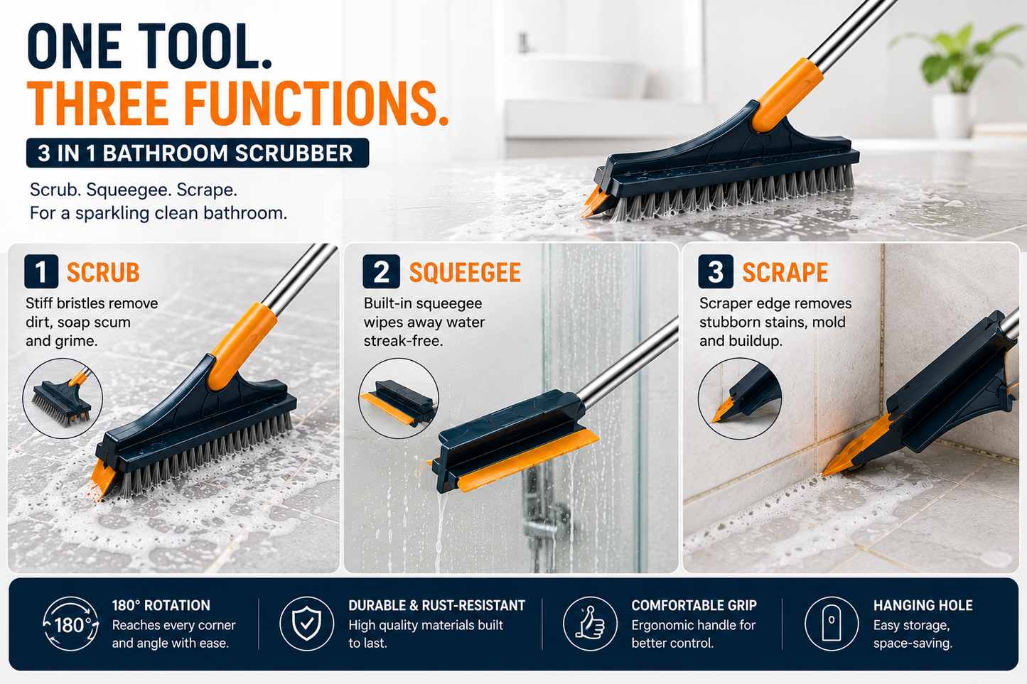 3-in-1 Bathroom Scrubber, Scrub, Scrap and Squeegee