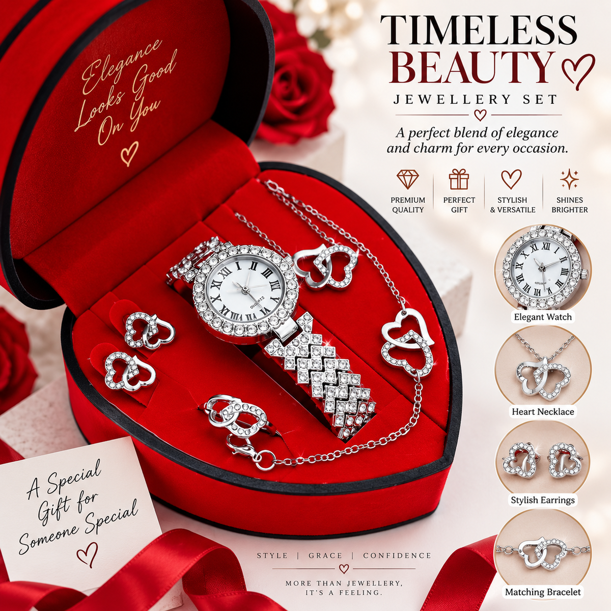 Luxurious Romantic Jewellery Gift Set with, a Watch, Earrings, Pendant Necklace, Ring and a Bracelet