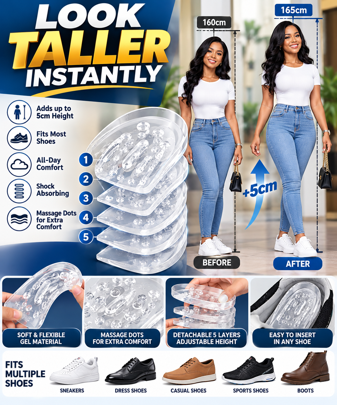 5-Layer Height Increase Insoles – Add Up to 5cm Instantly