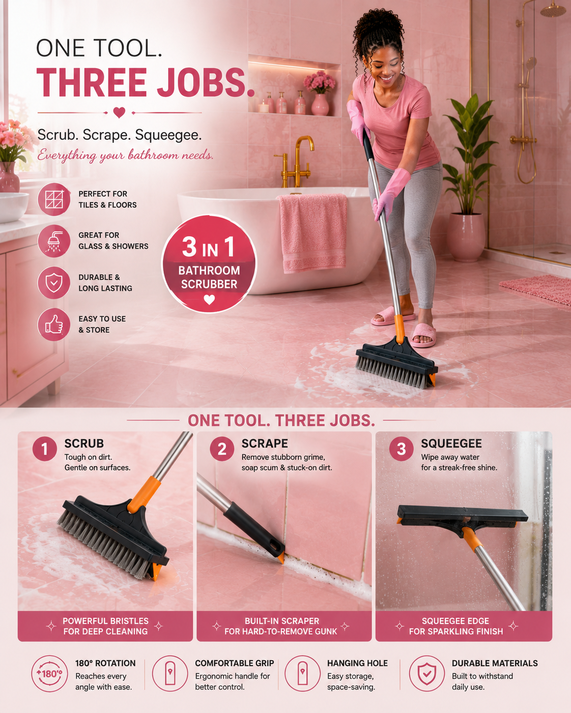 3-in-1 Bathroom Scrubber, Scrub, Scrap and Squeegee