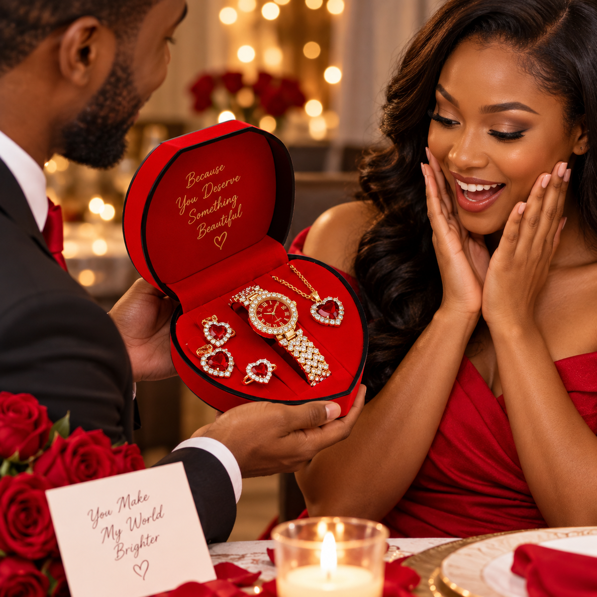 Luxurious Romantic Jewellery Gift Set with, a Watch, Earrings, Pendant Necklace, Ring and a Bracelet
