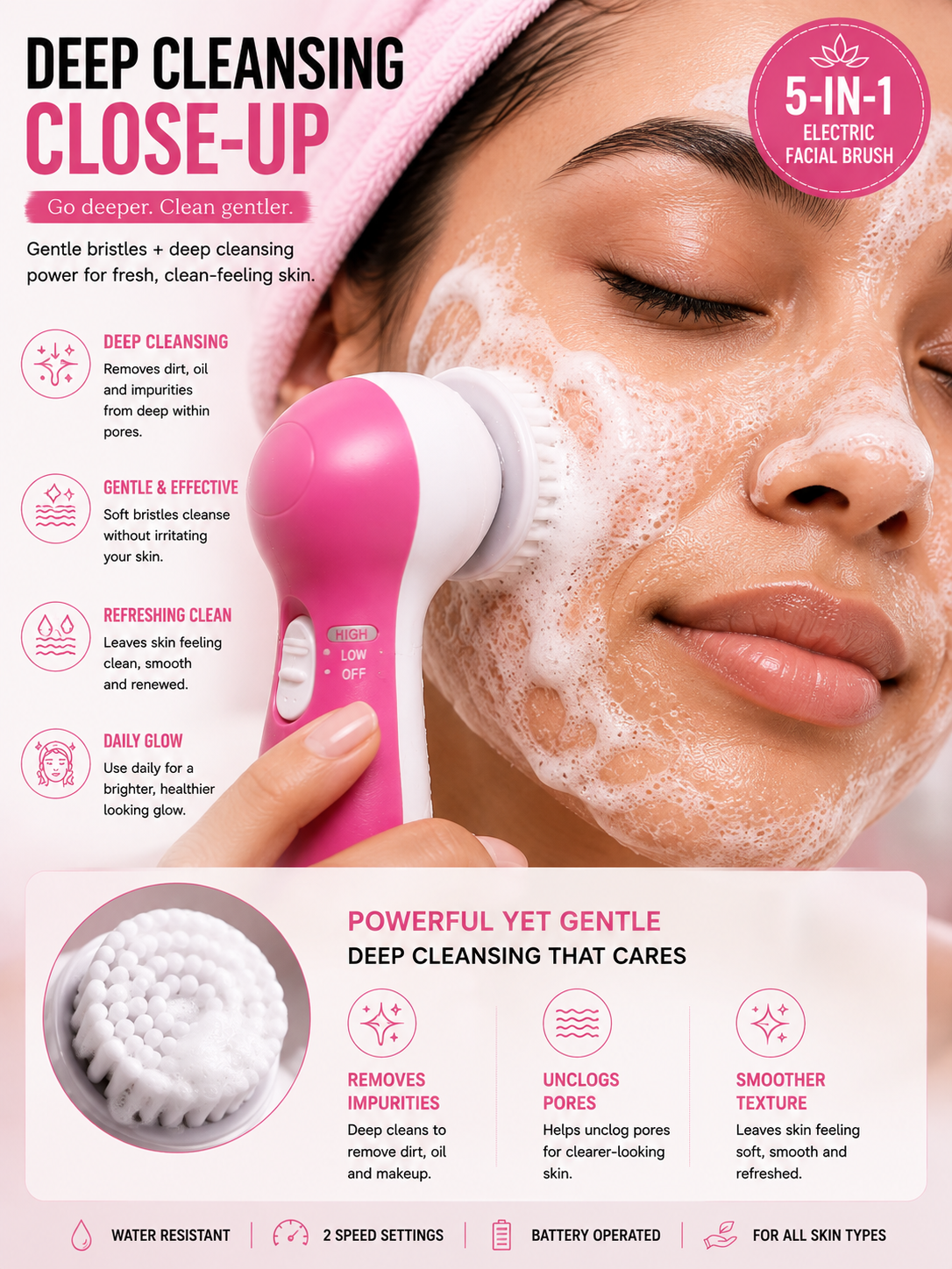 5 in 1 Electric Facial cleansing Brush Set with Massager plus free batteries