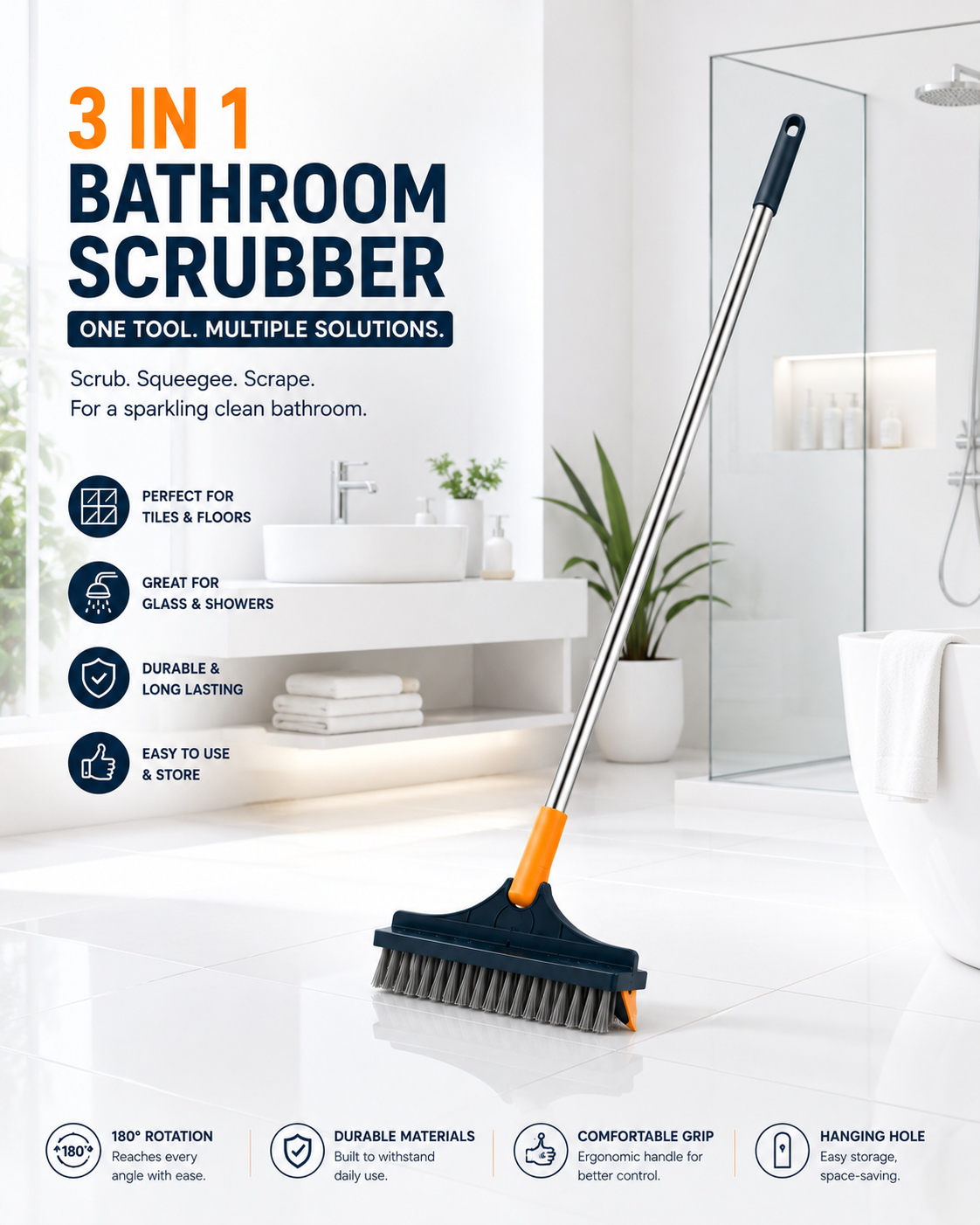 3-in-1 Bathroom Scrubber, Scrub, Scrap and Squeegee