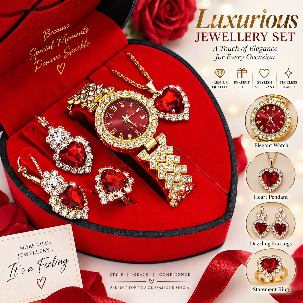 Luxurious Romantic Jewellery Gift Set with, a Watch, Earrings, Pendant Necklace, Ring and a Bracelet