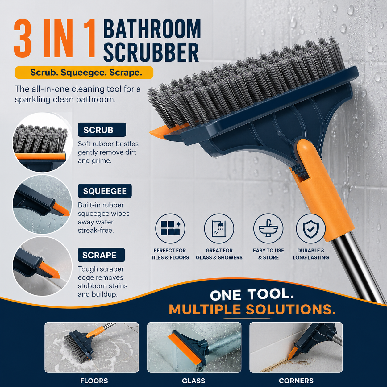3-in-1 Bathroom Scrubber, Scrub, Scrap and Squeegee