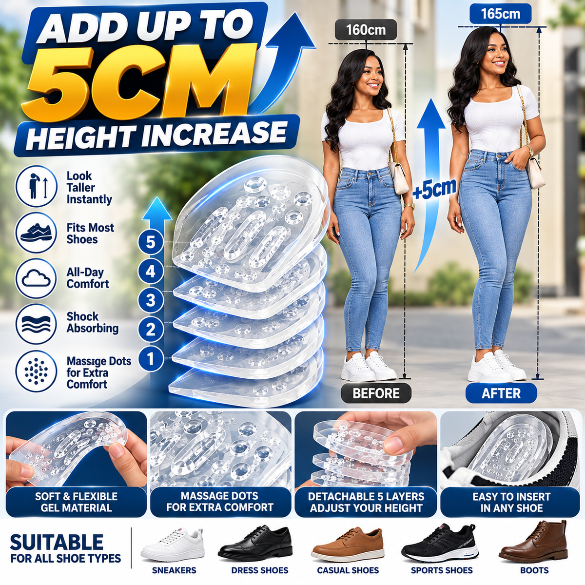 5-Layer Height Increase Insoles – Add Up to 5cm Instantly