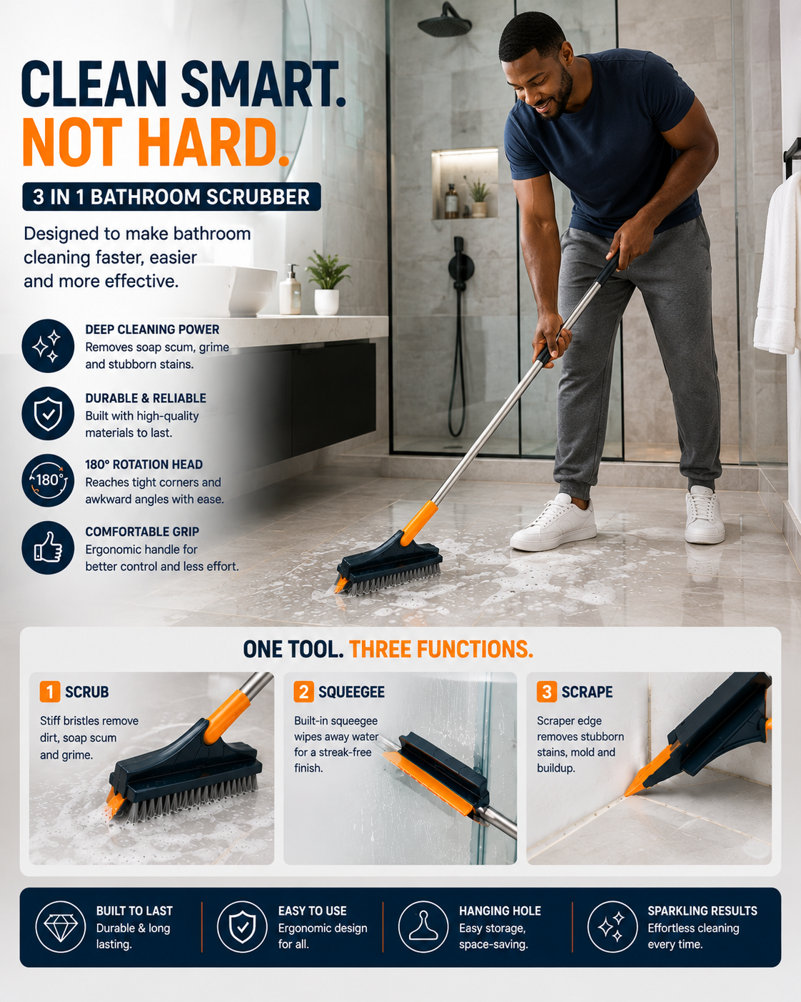 3-in-1 Bathroom Scrubber, Scrub, Scrap and Squeegee