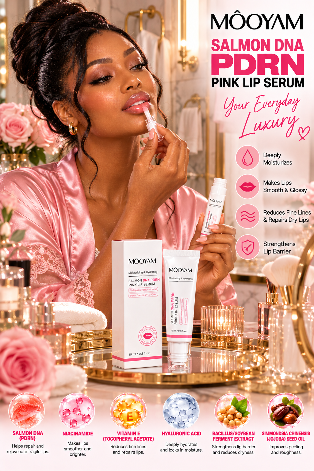 Mooyam Salmon DNA PDRN Pink Lip Serum Exfoliating for Dark Lips (Buy 1 get 1 free)
