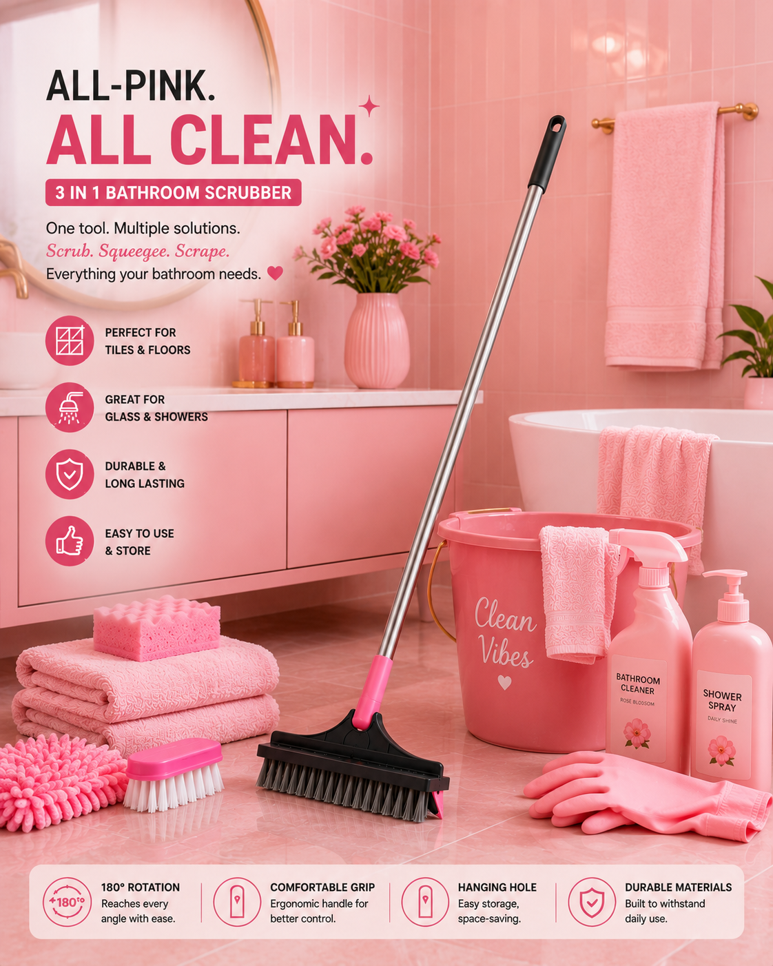 3-in-1 Bathroom Scrubber, Scrub, Scrap and Squeegee