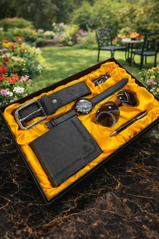 6 in 1 Gift Set for men with, Watch, Sunglasses, Wallet, Belt,  Stylish Pen and Keyholder
