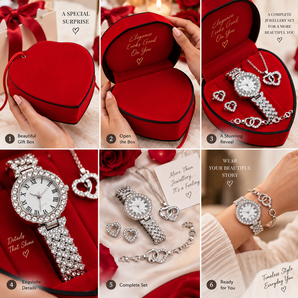 Luxurious Romantic Jewellery Gift Set with, a Watch, Earrings, Pendant Necklace, Ring and a Bracelet