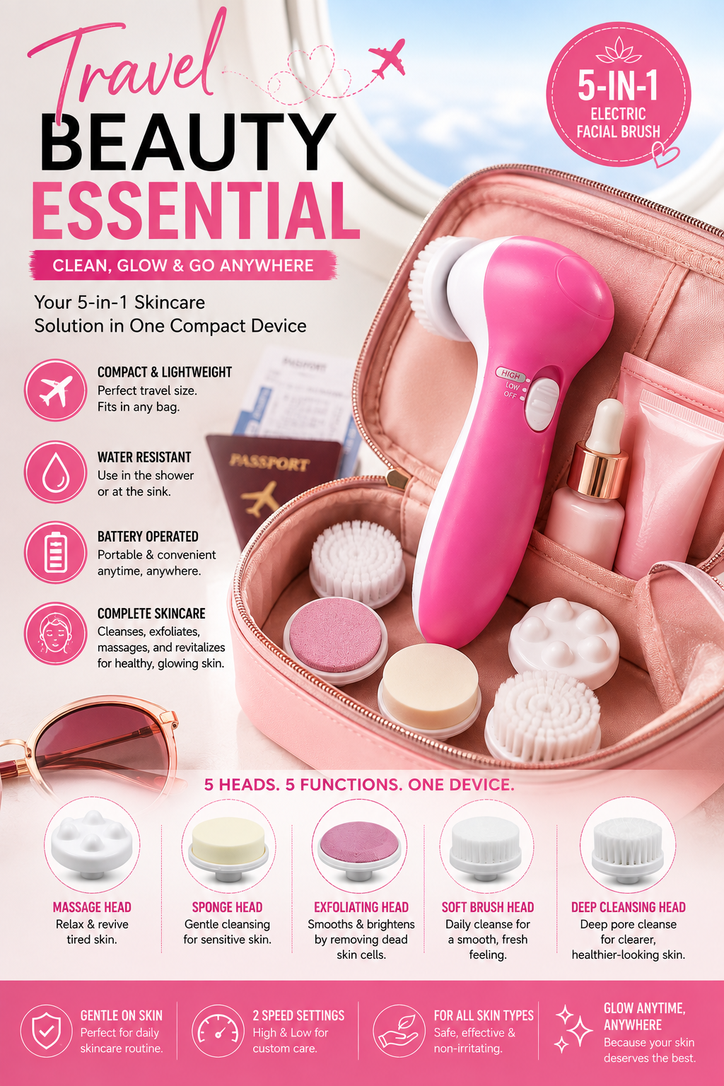 5 in 1 Electric Facial cleansing Brush Set with Massager plus free batteries