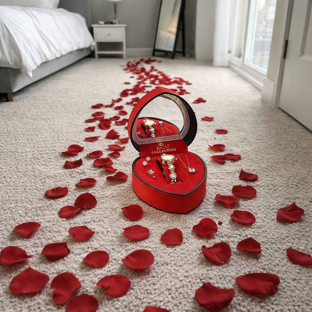 4pcs Jewelry Romantic Gift Set In a Red Heart Shape Box