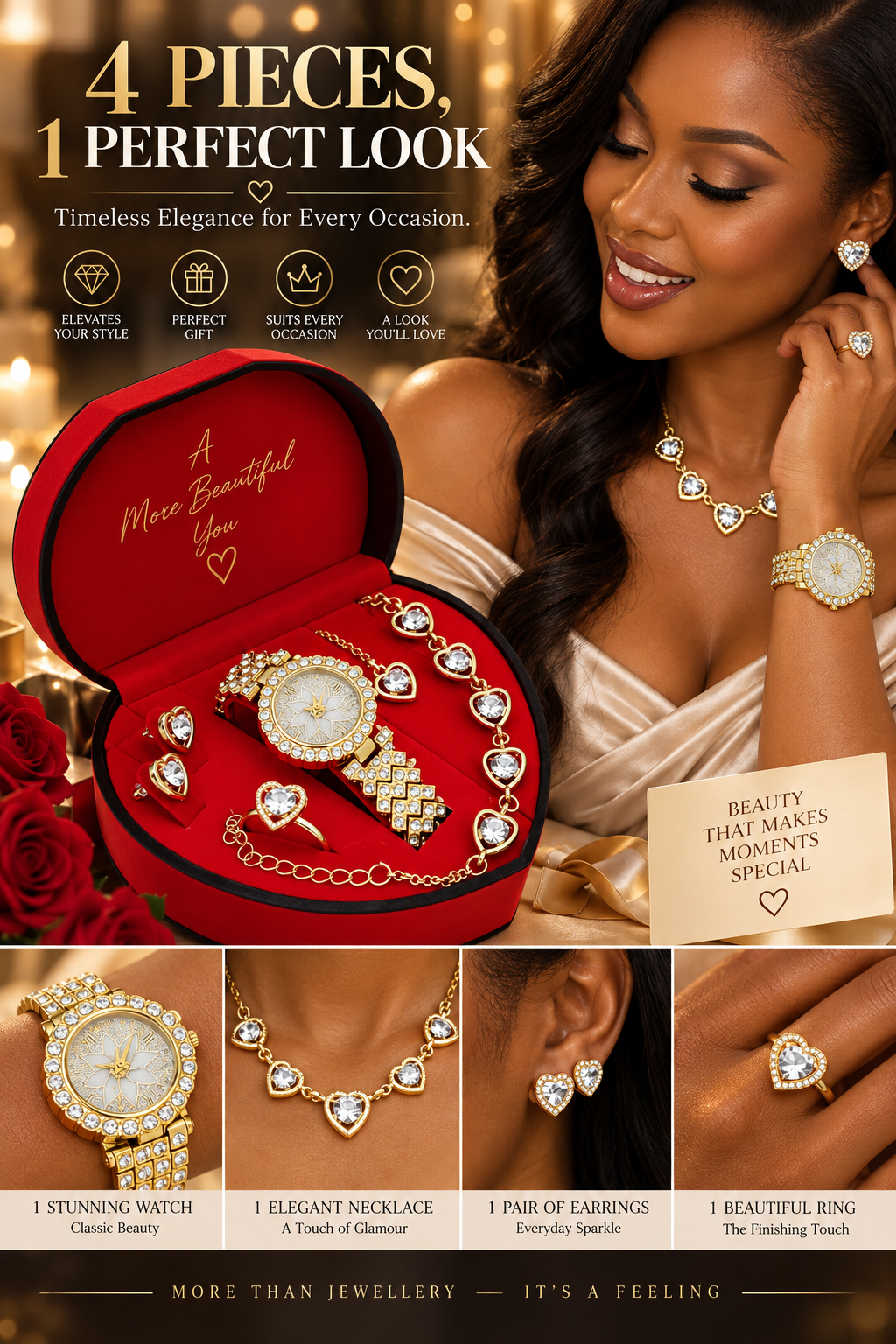 Luxurious Romantic Jewellery Gift Set with, a Watch, Earrings, Pendant Necklace, Ring and a Bracelet