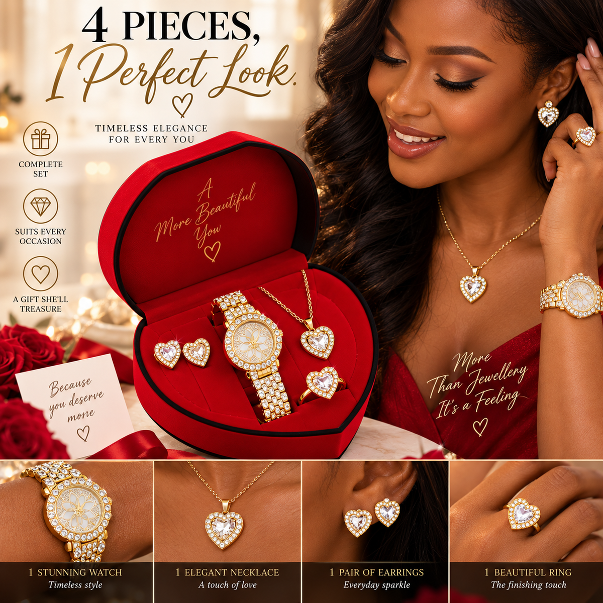Luxurious Romantic Jewellery Gift Set with, a Watch, Earrings, Pendant Necklace, Ring and a Bracelet