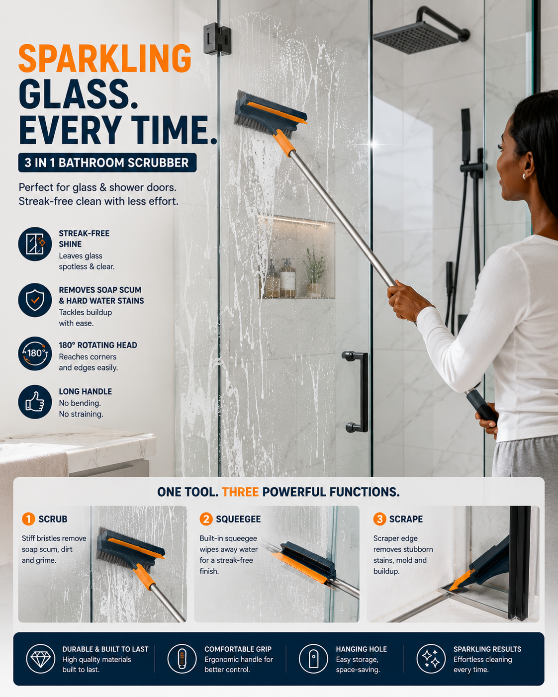 3-in-1 Bathroom Scrubber, Scrub, Scrap and Squeegee