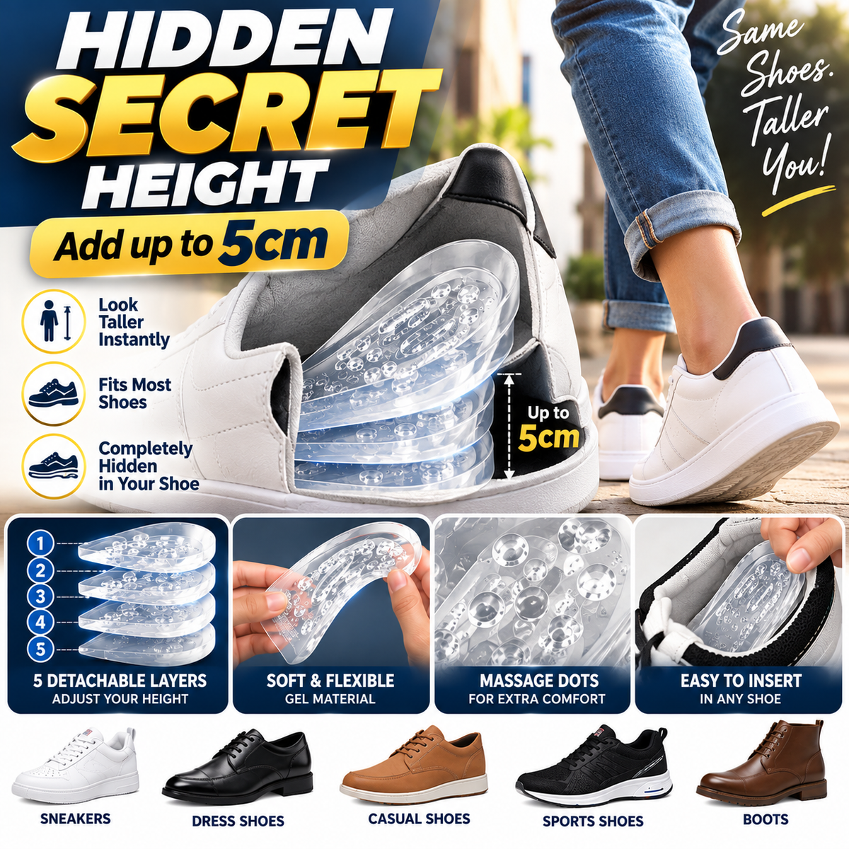 5-Layer Height Increase Insoles – Add Up to 5cm Instantly