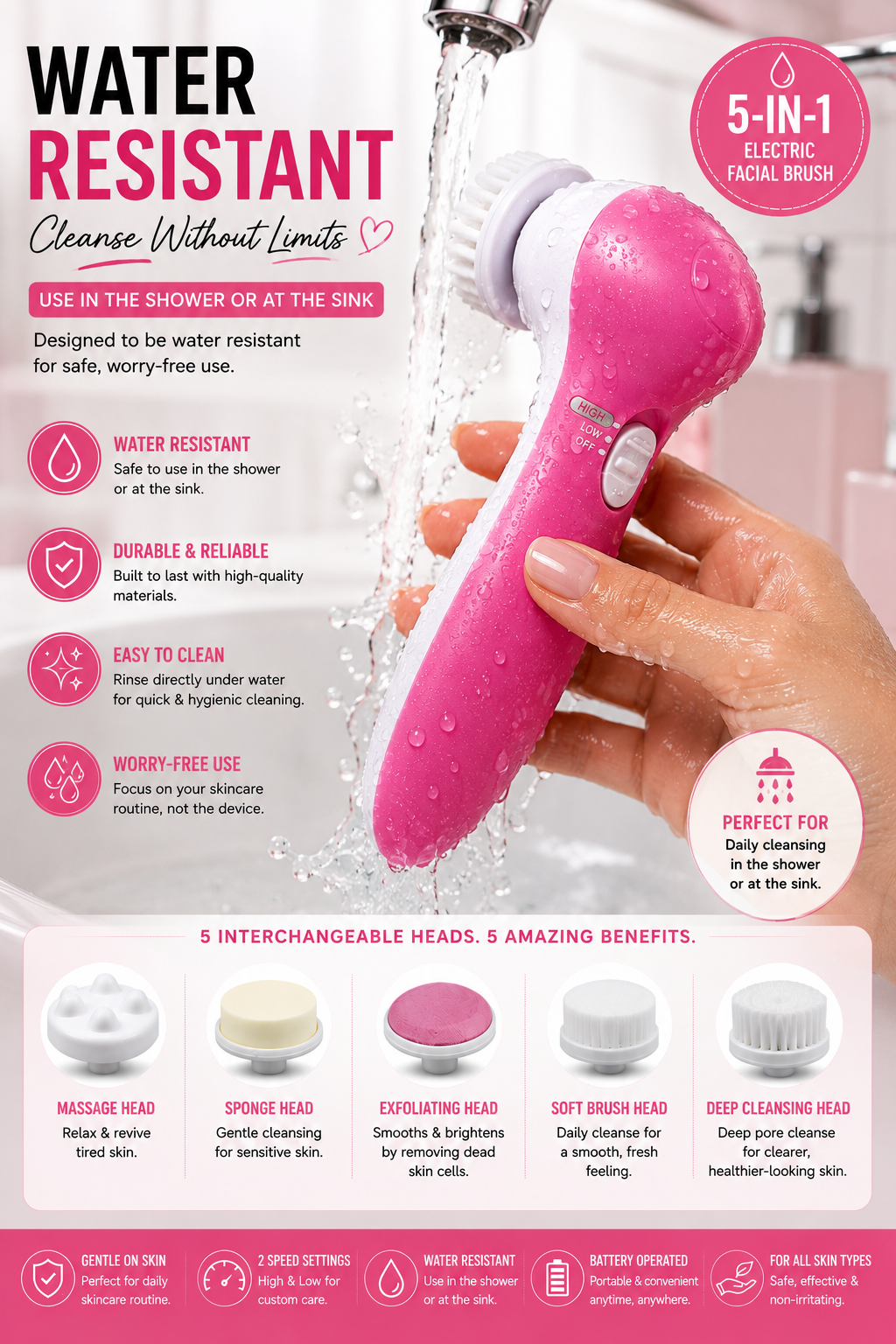 5 in 1 Electric Facial cleansing Brush Set with Massager plus free batteries