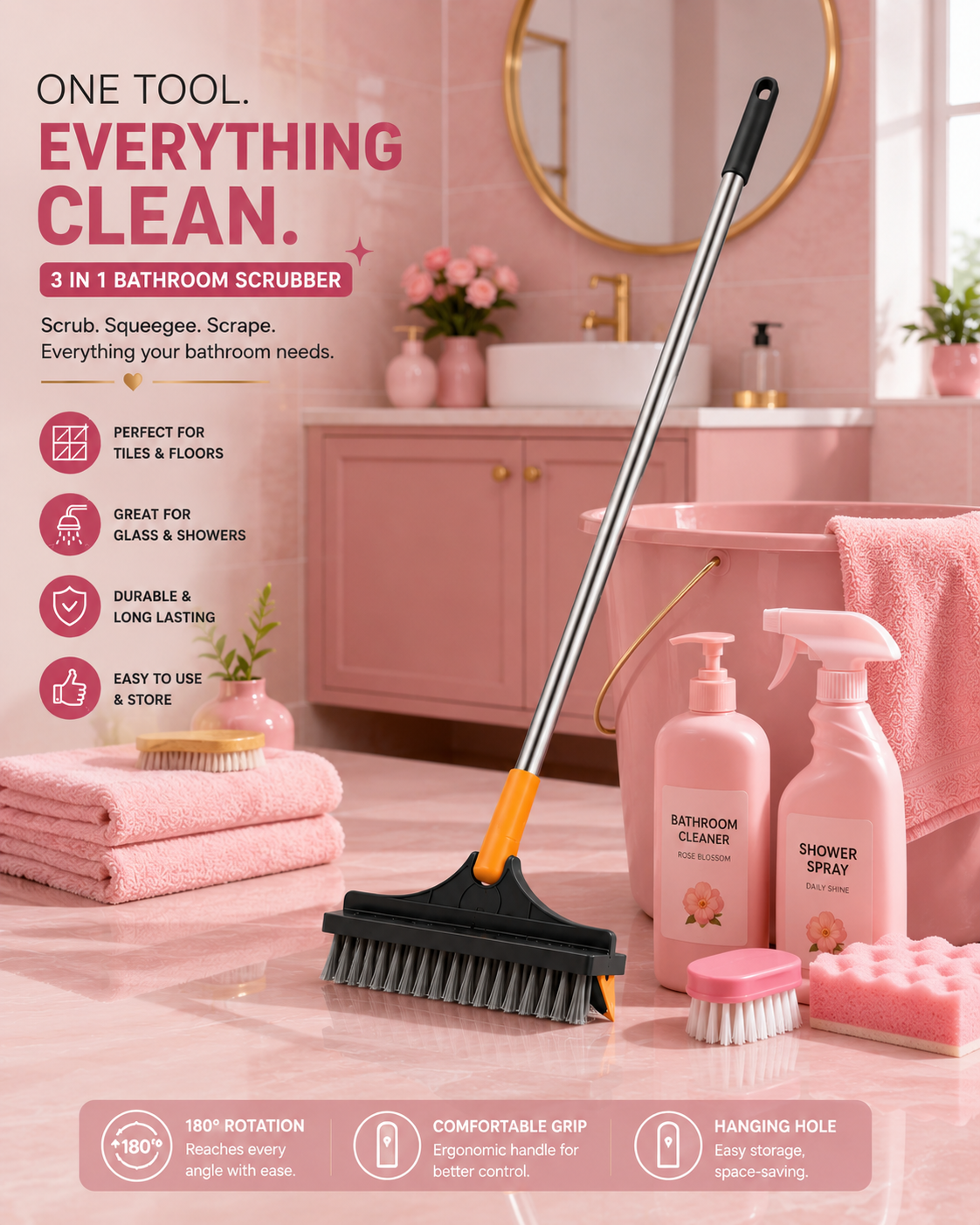3-in-1 Bathroom Scrubber, Scrub, Scrap and Squeegee